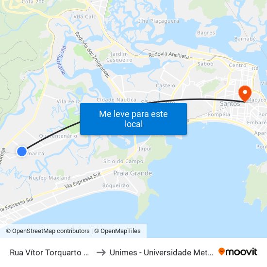 Rua Vítor Torquarto Dos Santos, 1130 to Unimes - Universidade Metropolitana De Santos map