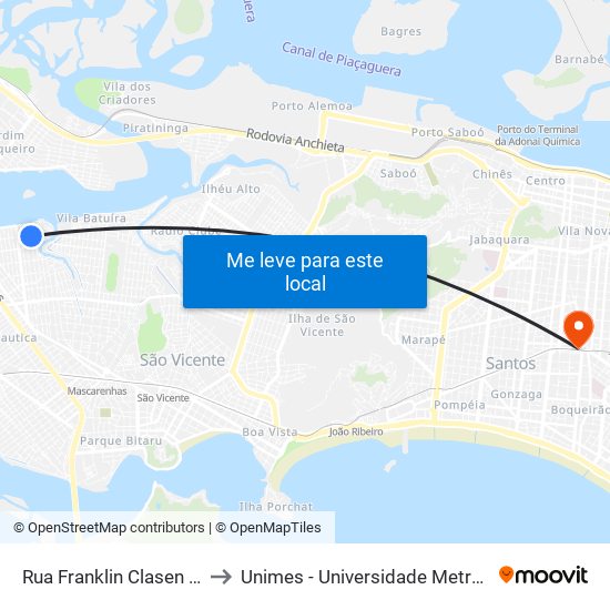 Rua Franklin Clasen De Moura, 175 to Unimes - Universidade Metropolitana De Santos map