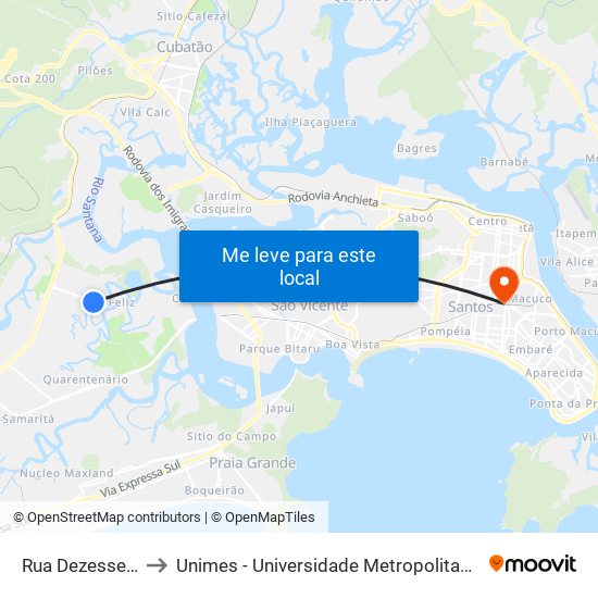 Rua Dezessete, 25 to Unimes - Universidade Metropolitana De Santos map