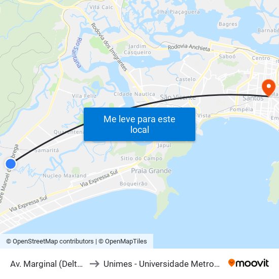 Av. Marginal (Delta Terminais) to Unimes - Universidade Metropolitana De Santos map