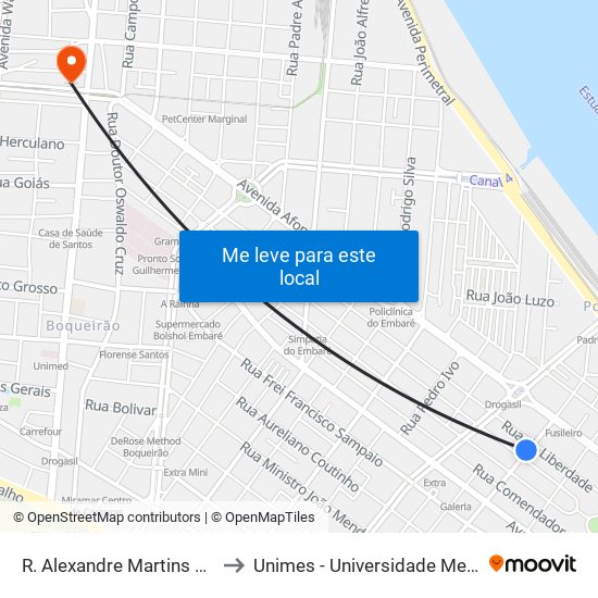 R. Alexandre Martins X R. Torres Homem to Unimes - Universidade Metropolitana De Santos map