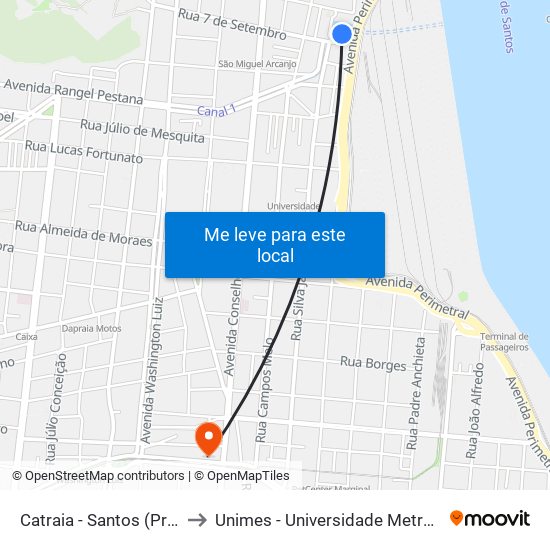 Catraia - Santos (Praça Iguatemy) to Unimes - Universidade Metropolitana De Santos map