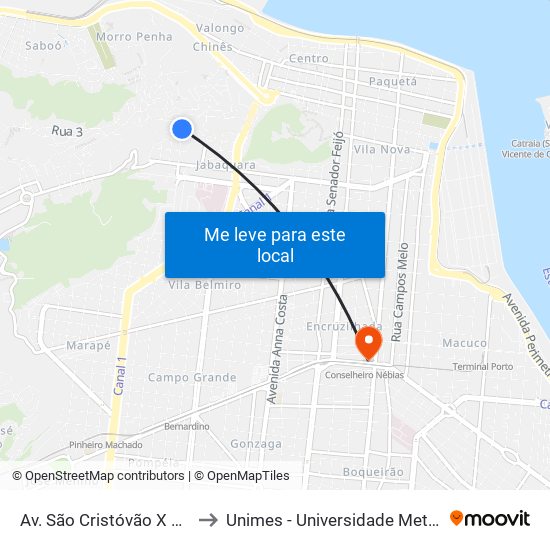 Av. São Cristóvão X Rua São Bernardo to Unimes - Universidade Metropolitana De Santos map