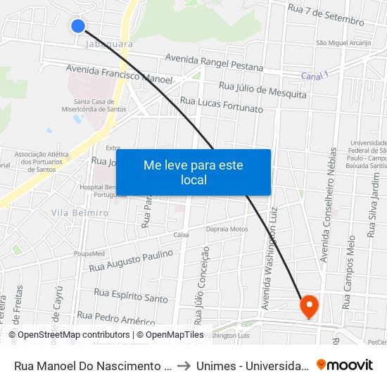 Rua Manoel Do Nascimento Jr. (Ume Candinha Ribeiro Mendonça) to Unimes - Universidade Metropolitana De Santos map