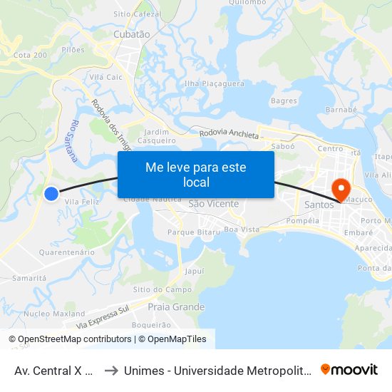 Av. Central X R. Cinco to Unimes - Universidade Metropolitana De Santos map