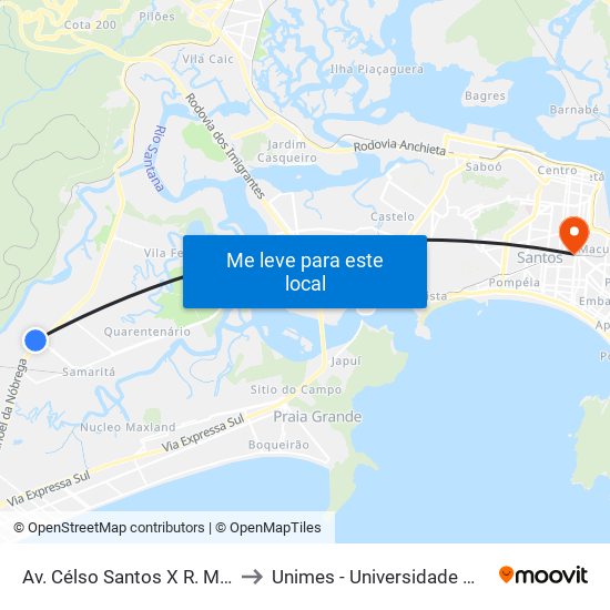 Av. Célso Santos X R. Major Milton De Moreira to Unimes - Universidade Metropolitana De Santos map