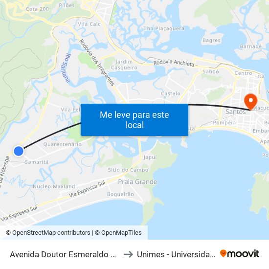 Avenida Doutor Esmeraldo Soares Tarquínio De Campos Filho, 251 to Unimes - Universidade Metropolitana De Santos map