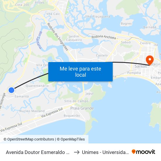 Avenida Doutor Esmeraldo Soares Tarquínio De Campos Filho, 323 to Unimes - Universidade Metropolitana De Santos map