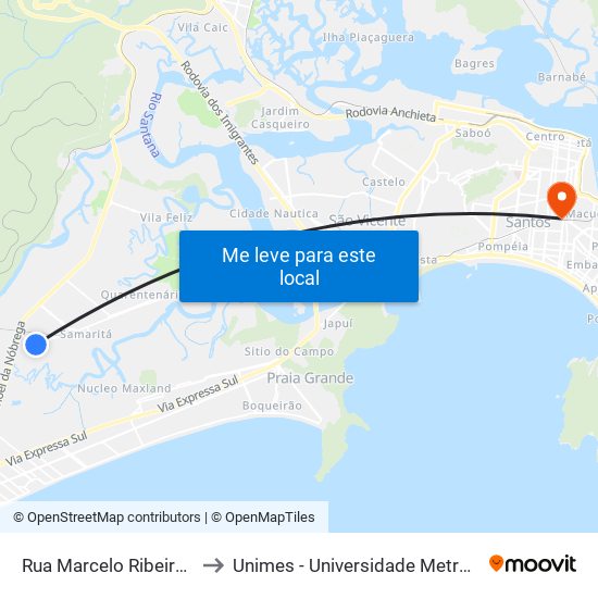 Rua Marcelo Ribeiro Nogueira, 25 to Unimes - Universidade Metropolitana De Santos map