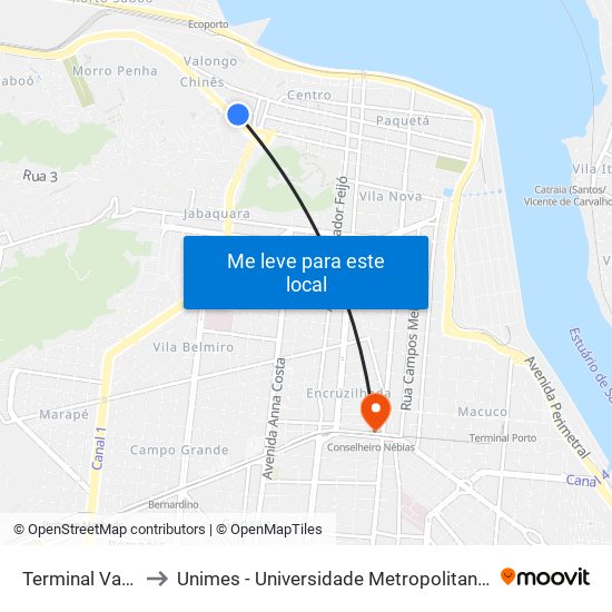 Terminal Valongo to Unimes - Universidade Metropolitana De Santos map