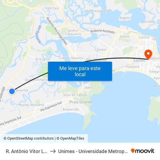 R. Antônio Vitor Lopes X R. 4 to Unimes - Universidade Metropolitana De Santos map