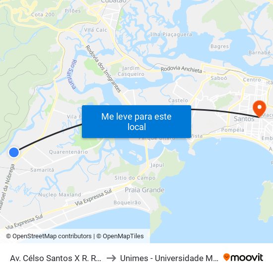 Av. Célso Santos X R. Romeu Ribas Da Rocha to Unimes - Universidade Metropolitana De Santos map