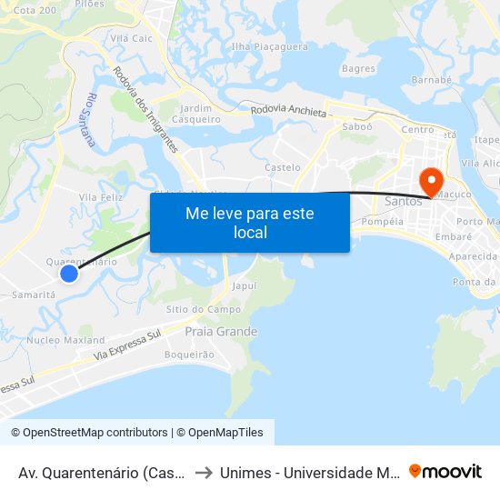 Av. Quarentenário (Casa De Carnes Sanchez) to Unimes - Universidade Metropolitana De Santos map