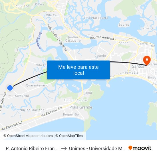 R. Antônio Ribeiro Franco (Posto São Jonas) to Unimes - Universidade Metropolitana De Santos map