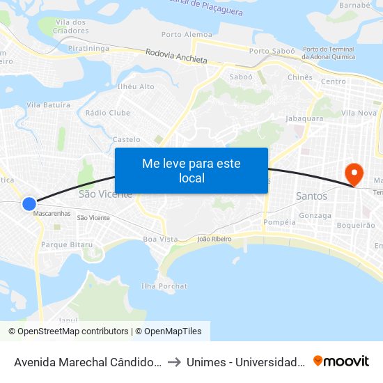 Avenida Marechal Cândido Mariano Da Silva Rondon, 1037 to Unimes - Universidade Metropolitana De Santos map