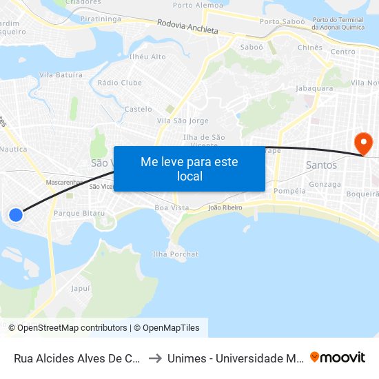 Rua Alcides Alves De Carvalho X Rua Do Meio to Unimes - Universidade Metropolitana De Santos map