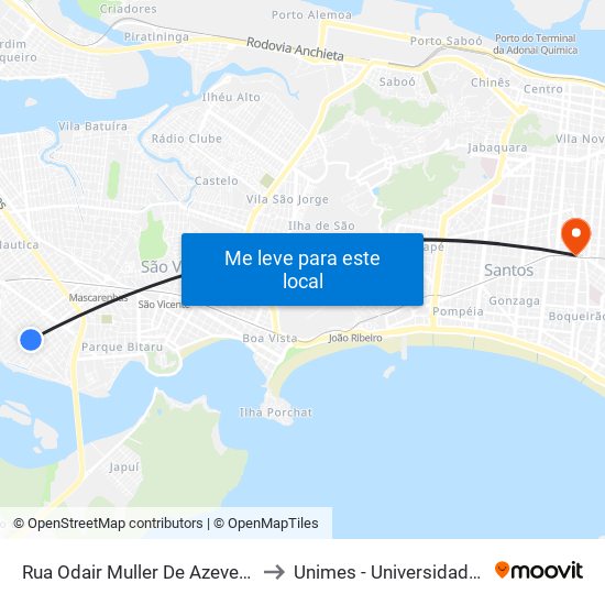 Rua Odair Muller De Azevedo Marques X Rua Monte Plano to Unimes - Universidade Metropolitana De Santos map