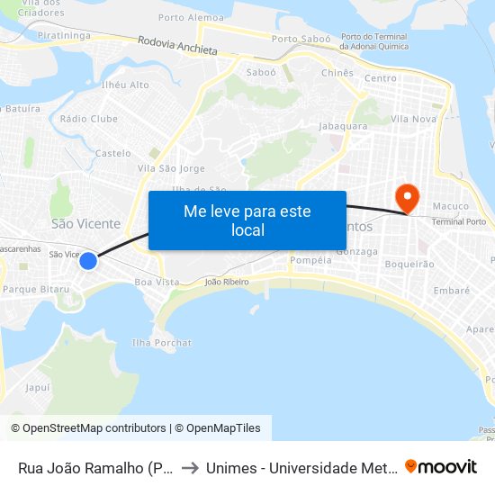 Rua João Ramalho (Pç. Coronel Lopes) to Unimes - Universidade Metropolitana De Santos map