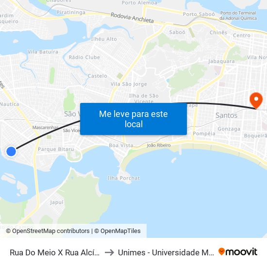 Rua Do Meio X Rua Alcídes Alves De Carvalho to Unimes - Universidade Metropolitana De Santos map