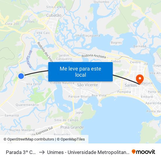 Parada 3º Cia-Pm to Unimes - Universidade Metropolitana De Santos map