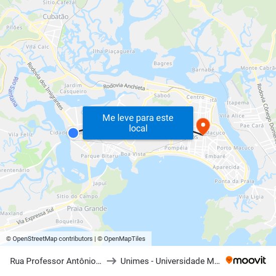 Rua Professor Antônio Pedro De Jesus, 537 to Unimes - Universidade Metropolitana De Santos map