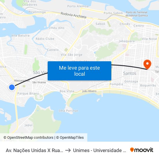 Av. Nações Unidas X Rua Mascarenhas De Moraes to Unimes - Universidade Metropolitana De Santos map