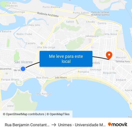 Rua Benjamin Constant (Tumiaru) Municipais to Unimes - Universidade Metropolitana De Santos map