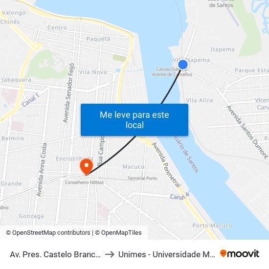 Av. Pres. Castelo Branco X Rua Cunhambebe to Unimes - Universidade Metropolitana De Santos map
