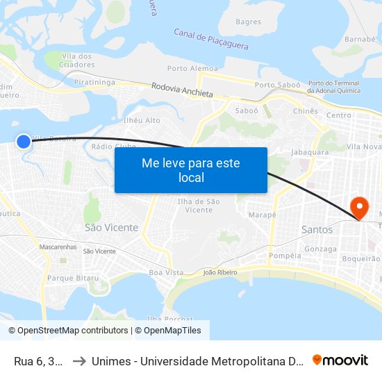 Rua 6, 3951 to Unimes - Universidade Metropolitana De Santos map
