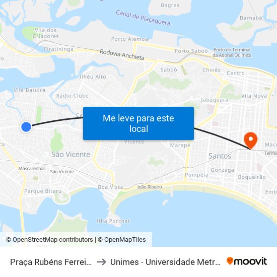 Praça Rubéns Ferreira Martins, 115 to Unimes - Universidade Metropolitana De Santos map
