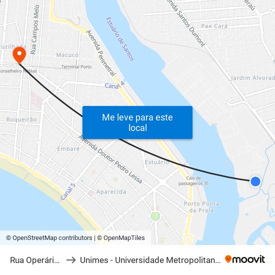Rua Operária, 261 to Unimes - Universidade Metropolitana De Santos map