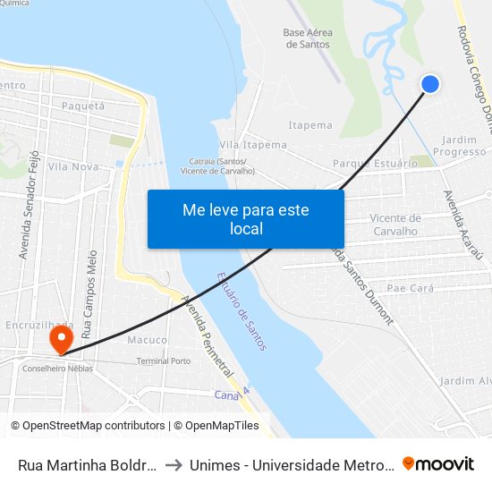 Rua Martinha Boldrini Pirani, 160 to Unimes - Universidade Metropolitana De Santos map