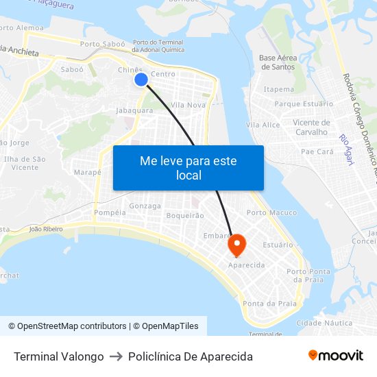 Terminal Valongo to Policlínica De Aparecida map