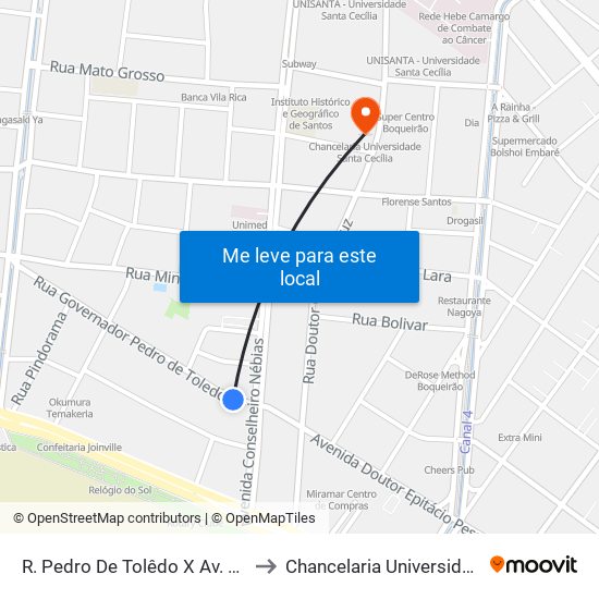 R. Pedro De Tolêdo X Av. Conselheiro Nébias to Chancelaria Universidade Santa Cecília map