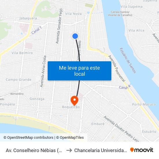 Av. Conselheiro Nébias (Unisantos/Senac) to Chancelaria Universidade Santa Cecília map