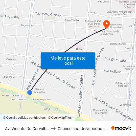 Av. Vicente De Carvalho (Canal 3) to Chancelaria Universidade Santa Cecília map