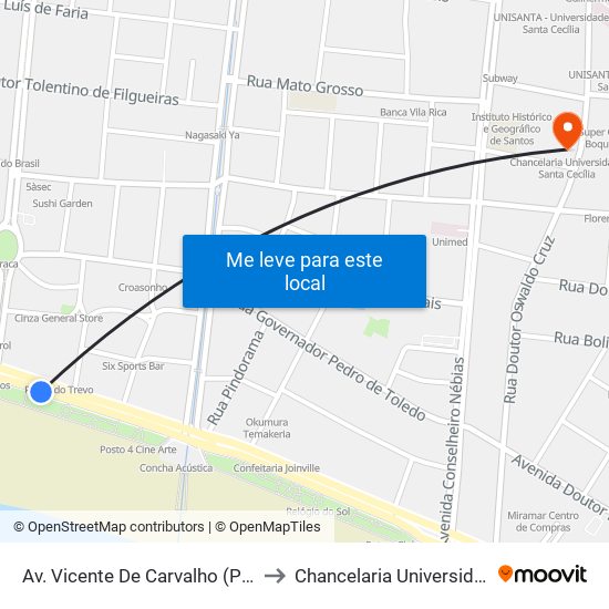 Av. Vicente De Carvalho (Praça Das Bandeiras) to Chancelaria Universidade Santa Cecília map