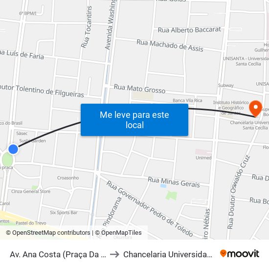 Av. Ana Costa (Praça Da Independência) to Chancelaria Universidade Santa Cecília map