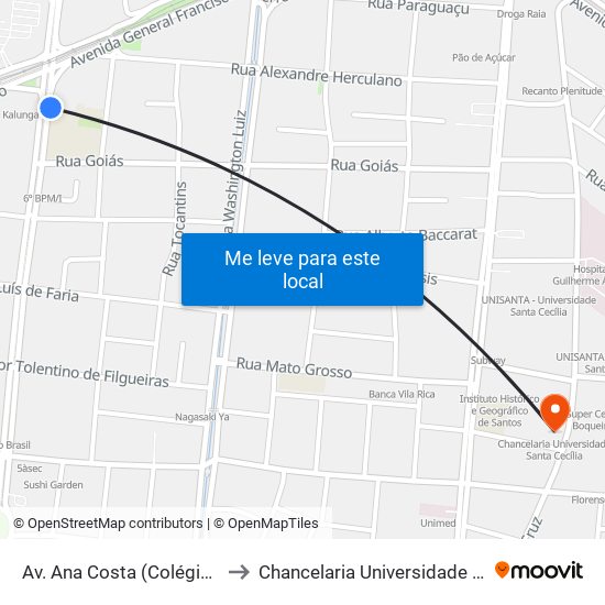 Av. Ana Costa (Colégio São José) to Chancelaria Universidade Santa Cecília map