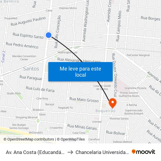 Av. Ana Costa (Educandário Anália Franco) to Chancelaria Universidade Santa Cecília map