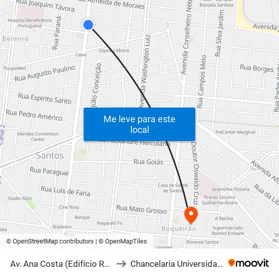 Av. Ana Costa (Edifício Rotary/Telhanorte) to Chancelaria Universidade Santa Cecília map