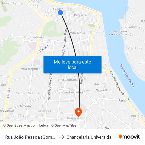 Rua João Pessoa (Gomes/Cacau Show) to Chancelaria Universidade Santa Cecília map