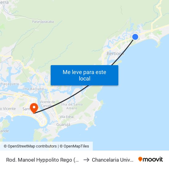 Rod. Manoel Hyppolito Rego (Garagem City Transportes Bertioga) to Chancelaria Universidade Santa Cecília map