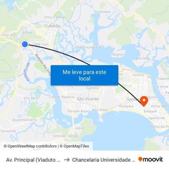 Av. Principal (Viaduto Imigrantes) to Chancelaria Universidade Santa Cecília map