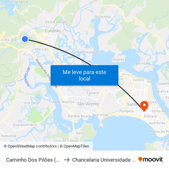 Caminho Dos Pilões (Ponto Final) to Chancelaria Universidade Santa Cecília map