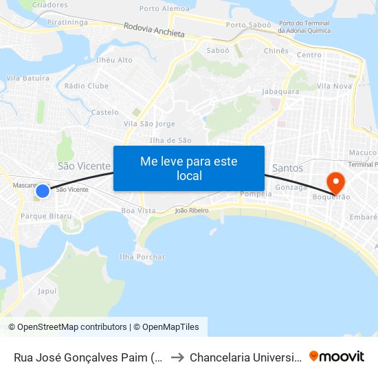 Rua José Gonçalves Paim (Centro Esportivo Bitaru) to Chancelaria Universidade Santa Cecília map