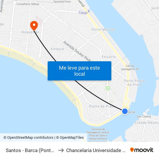 Santos - Barca (Ponta Da Praia) to Chancelaria Universidade Santa Cecília map