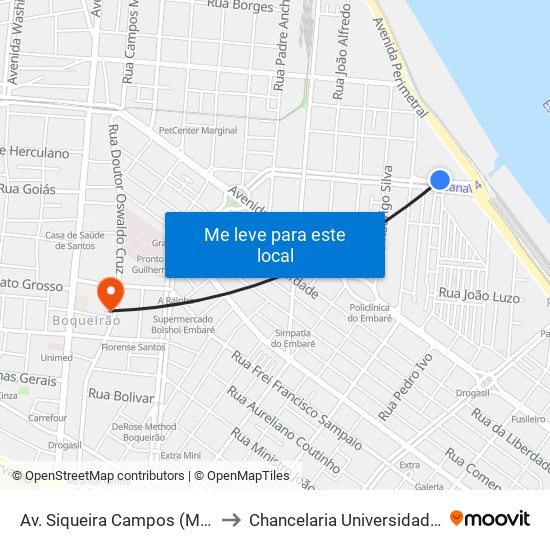 Av. Siqueira Campos (Moinho Pacífico) to Chancelaria Universidade Santa Cecília map