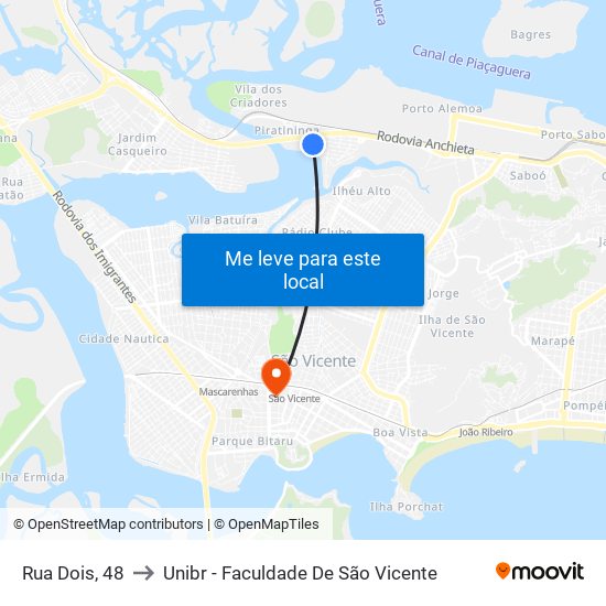 Rua Dois, 48 to Unibr - Faculdade De São Vicente map