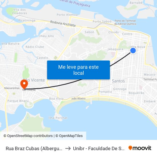 Rua Braz Cubas (Albergue Noturno) to Unibr - Faculdade De São Vicente map